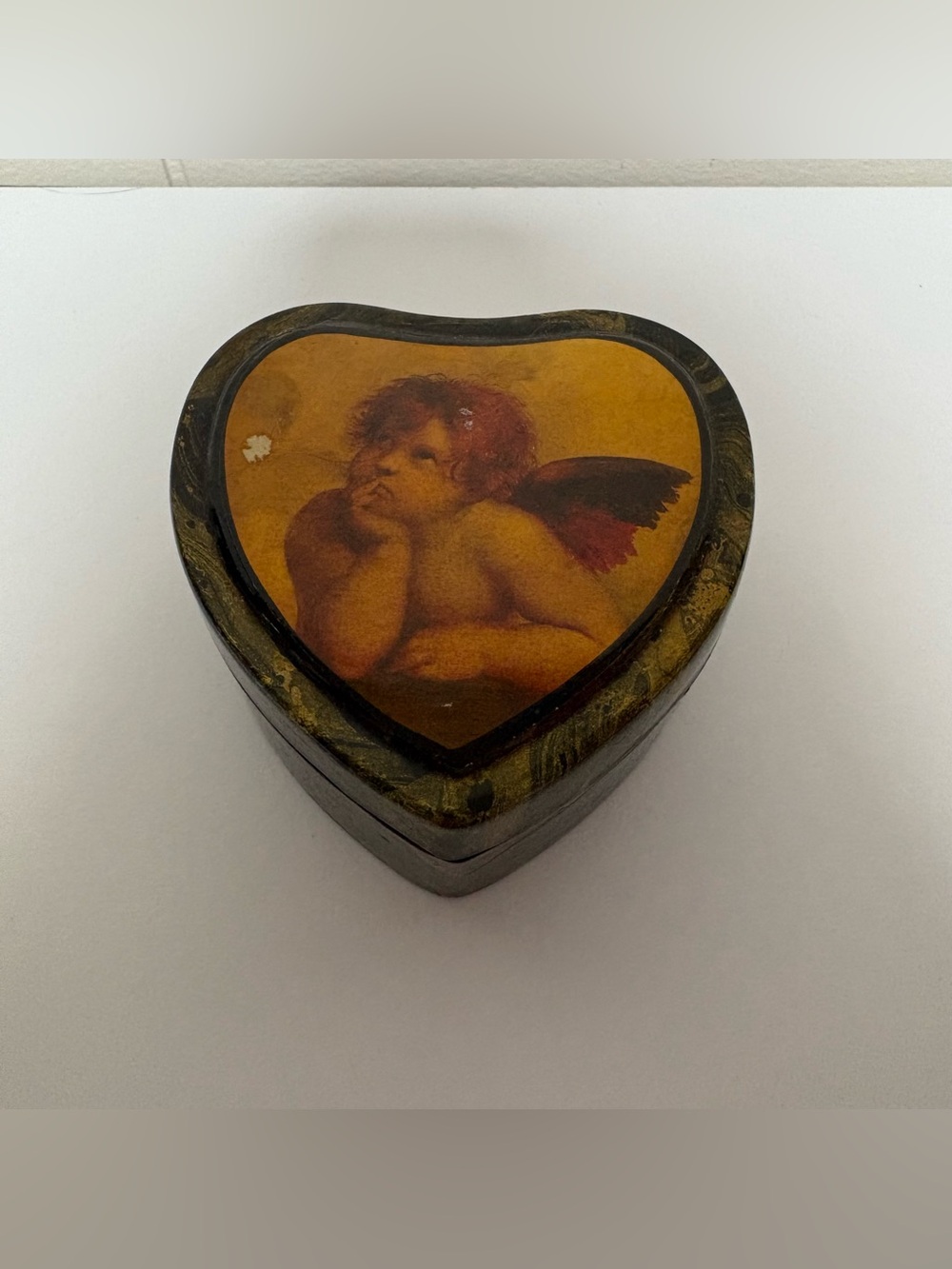Vintage Whimsical Witchy Cherub Rafael Angel Heart Shaped Trinket Jewelry Box